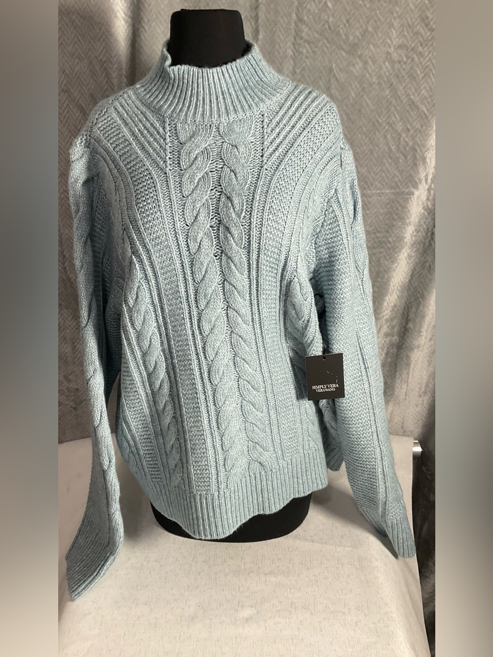 2XL Simply Vera Vera Wang Pale Blue Cable Turtleneck Sweater